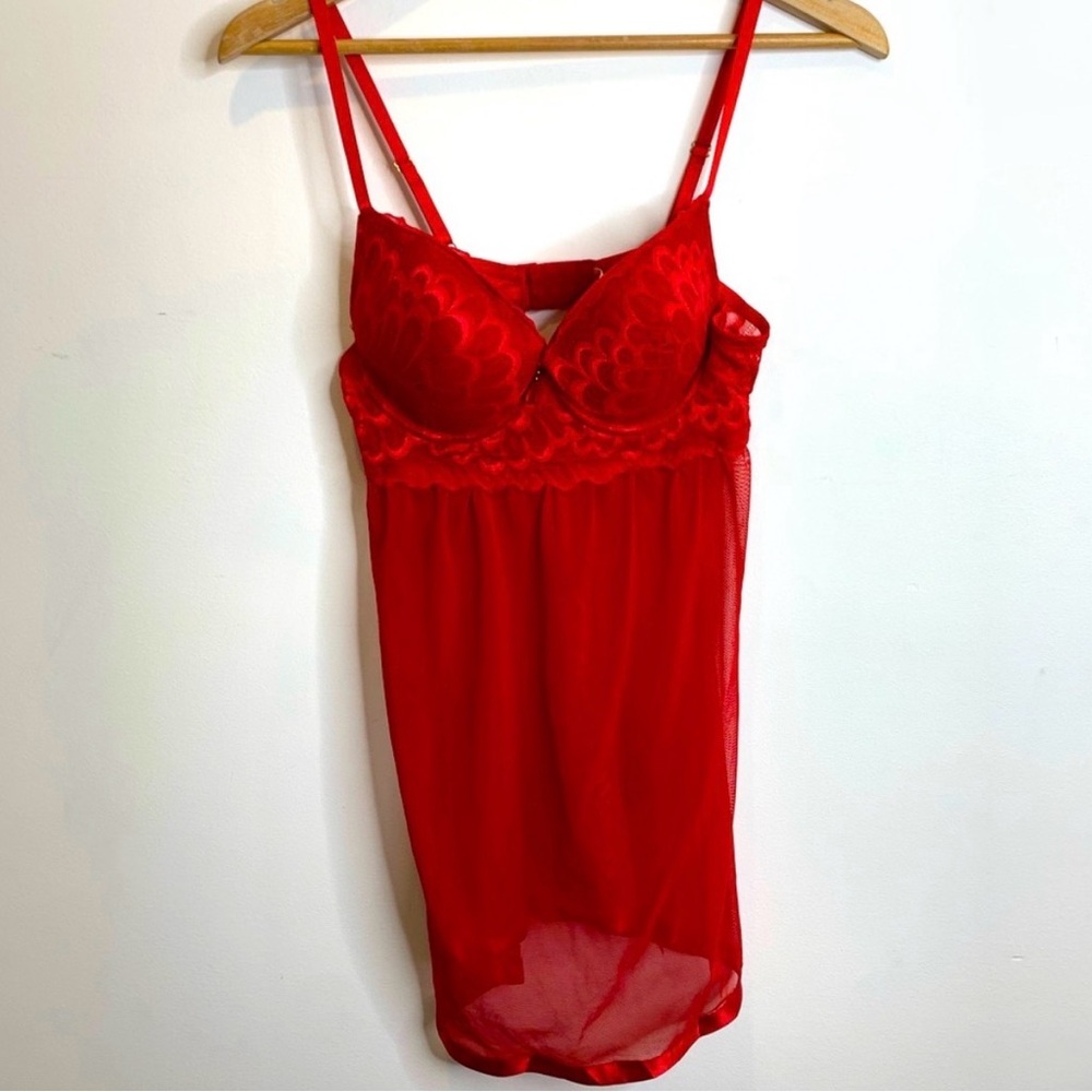 Jessica Simpson Push-Up Babydoll Nightie Chemise Red Lace Sheer